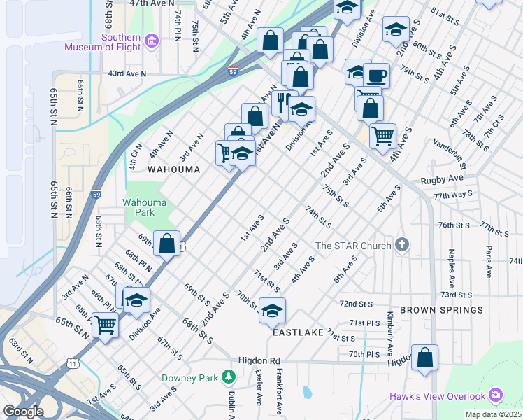 map of restaurants, bars, coffee shops, grocery stores, and more near 7230 1st Avenue South in Birmingham