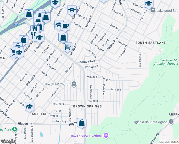 map of restaurants, bars, coffee shops, grocery stores, and more near 7601 Naples Avenue in Birmingham