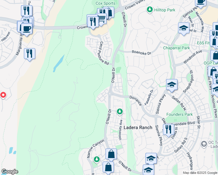 map of restaurants, bars, coffee shops, grocery stores, and more near 1 Baccus in Mission Viejo