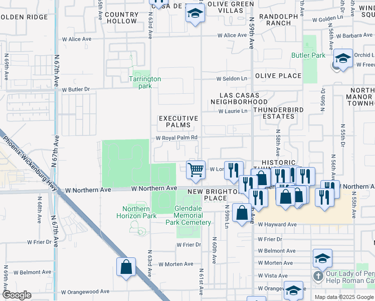 map of restaurants, bars, coffee shops, grocery stores, and more near 8050 North 61st Avenue in Glendale