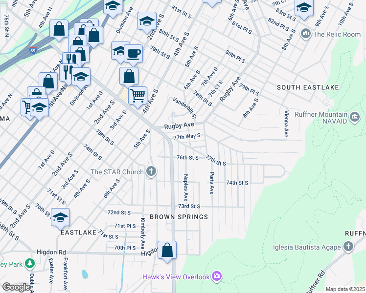 map of restaurants, bars, coffee shops, grocery stores, and more near 7601 Naples Avenue in Birmingham