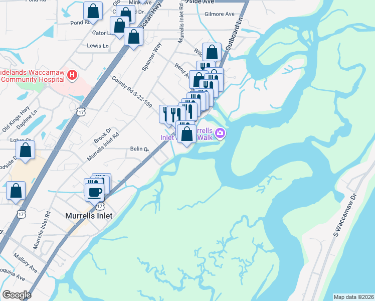 map of restaurants, bars, coffee shops, grocery stores, and more near 4123 U.S. 17 Business in Murrells Inlet