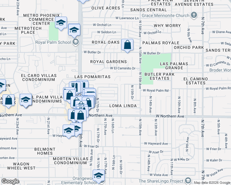 map of restaurants, bars, coffee shops, grocery stores, and more near 1630 West Harmont Drive in Phoenix