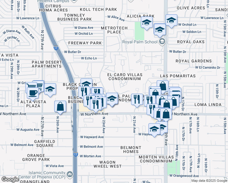 map of restaurants, bars, coffee shops, grocery stores, and more near 2201-2299 W Royal Palm Rd in Phoenix