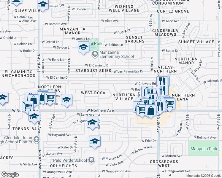 map of restaurants, bars, coffee shops, grocery stores, and more near 3821 West Royal Palm Road in Phoenix