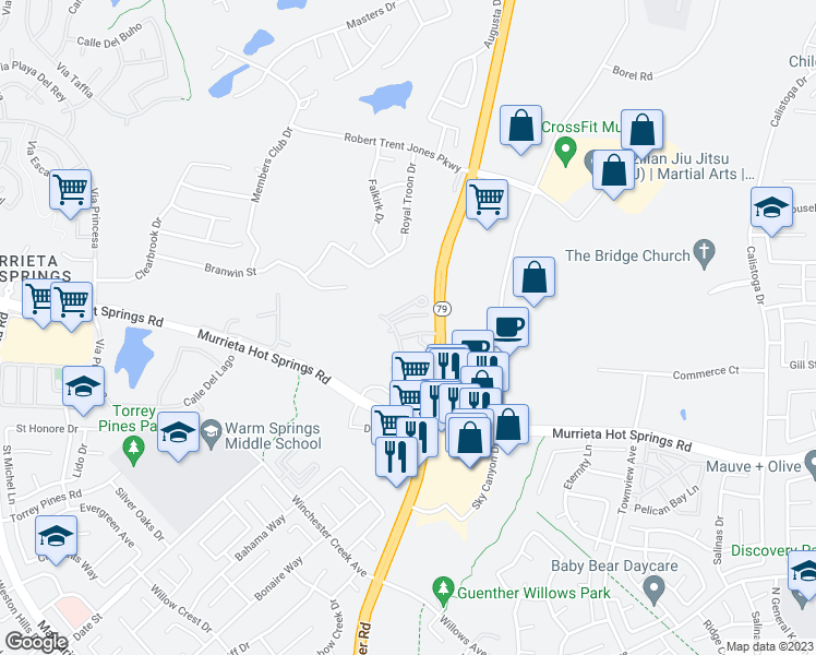 map of restaurants, bars, coffee shops, grocery stores, and more near 38245 Murrieta Hot Springs Road in Murrieta