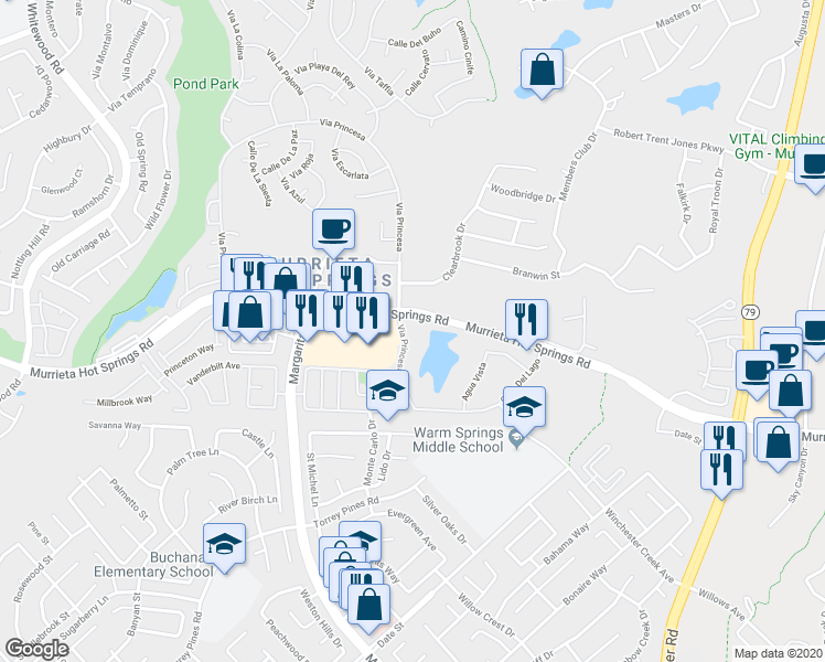 map of restaurants, bars, coffee shops, grocery stores, and more near 28239 Via Princesa in Murrieta