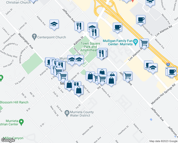 map of restaurants, bars, coffee shops, grocery stores, and more near 24873 Adams Avenue in Murrieta