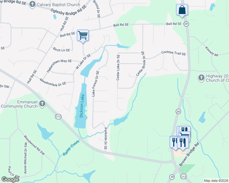 map of restaurants, bars, coffee shops, grocery stores, and more near Cedar Lake Drive Southeast in Rockdale County