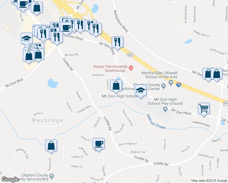 map of restaurants, bars, coffee shops, grocery stores, and more near 7293 Bridlewood Court in Jonesboro