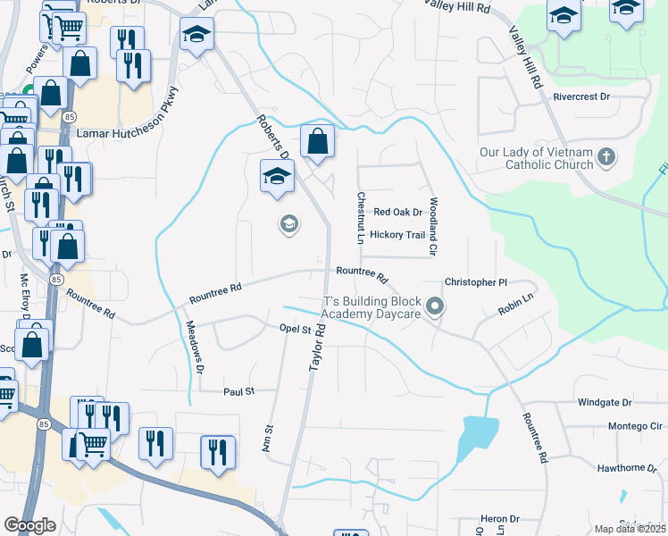 map of restaurants, bars, coffee shops, grocery stores, and more near 7308 Taylor Road in Riverdale