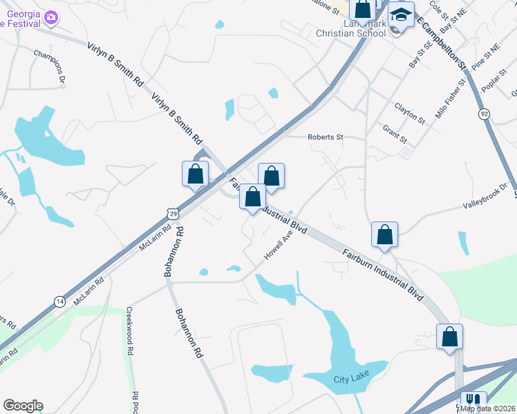 map of restaurants, bars, coffee shops, grocery stores, and more near 8455 Fairburn Road in Fairburn