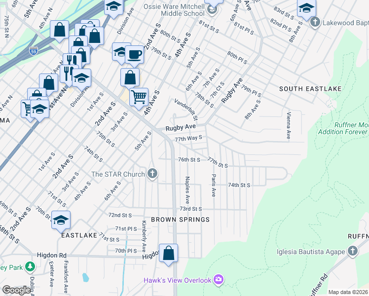 map of restaurants, bars, coffee shops, grocery stores, and more near 7601 Naples Avenue in Birmingham