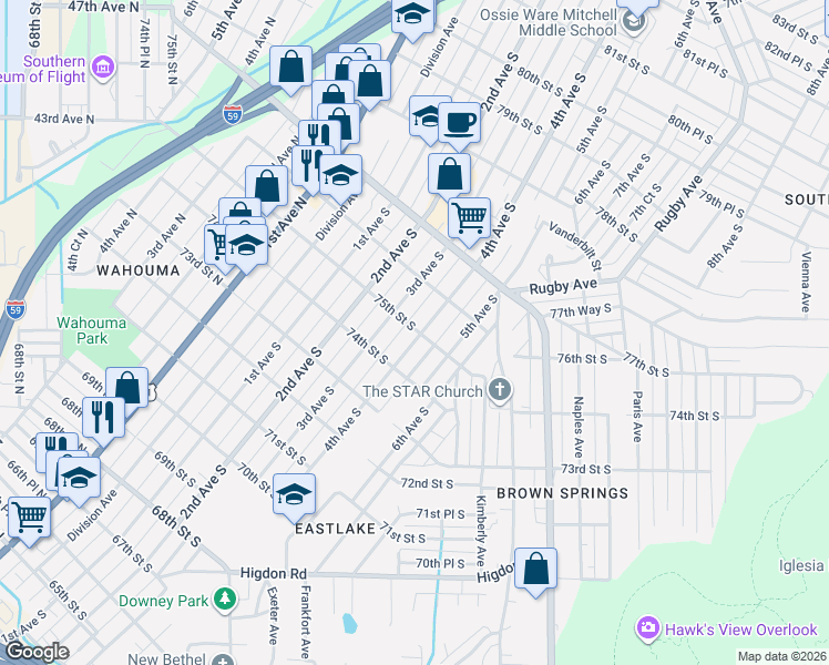 map of restaurants, bars, coffee shops, grocery stores, and more near 4th Alley South in Birmingham