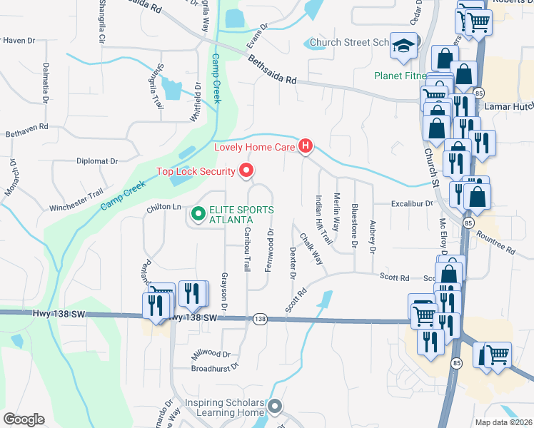 map of restaurants, bars, coffee shops, grocery stores, and more near 7307 Fernwood Drive in Riverdale