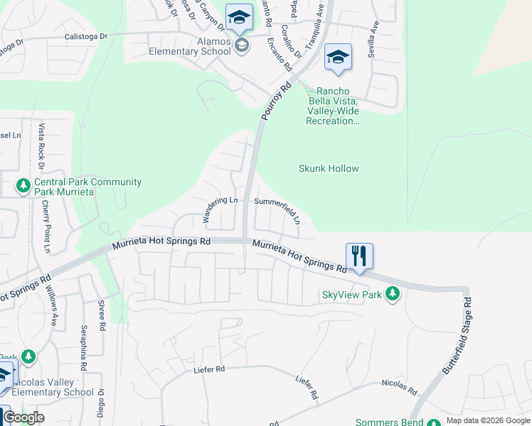 map of restaurants, bars, coffee shops, grocery stores, and more near 38919 Hickory Hill Court in Murrieta