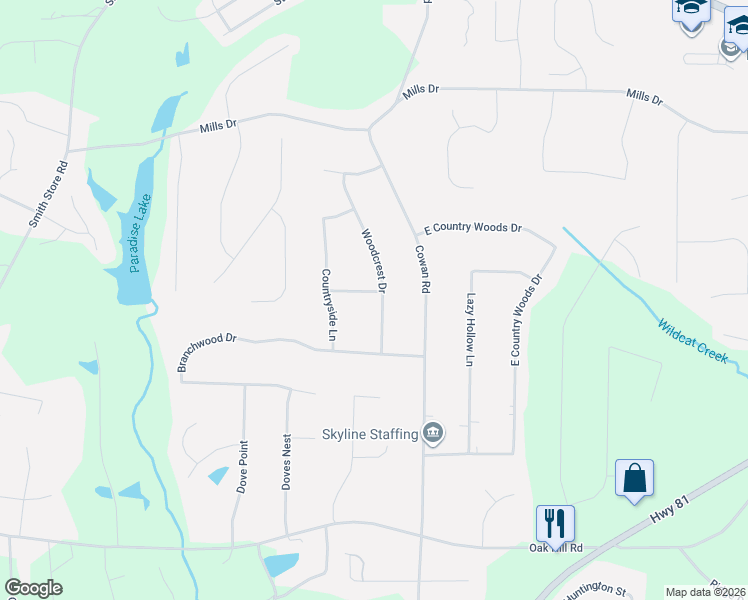 map of restaurants, bars, coffee shops, grocery stores, and more near 195 Woodcrest Drive in Covington