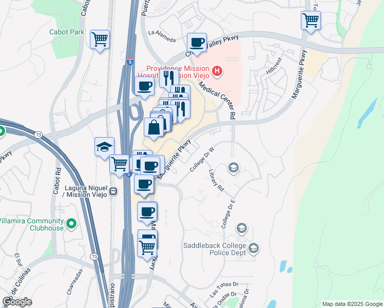 map of restaurants, bars, coffee shops, grocery stores, and more near 28032 Marguerite Parkway in Mission Viejo