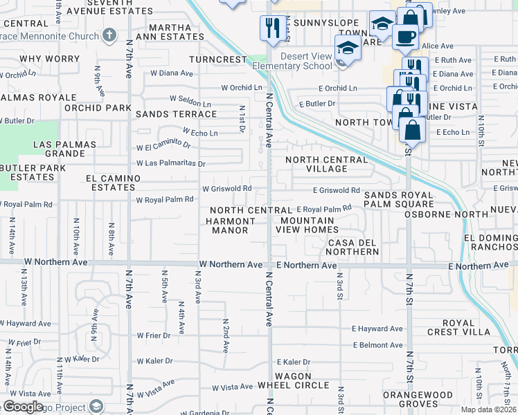 map of restaurants, bars, coffee shops, grocery stores, and more near in Phoenix