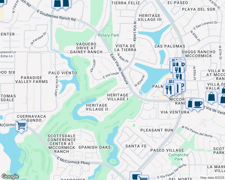 map of restaurants, bars, coffee shops, grocery stores, and more near 7951 East Vía Linda in Scottsdale