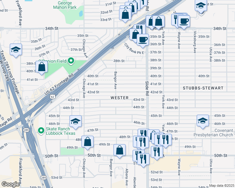 map of restaurants, bars, coffee shops, grocery stores, and more near 5239 42nd Street in Lubbock