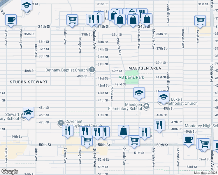 map of restaurants, bars, coffee shops, grocery stores, and more near 4216 42nd Street in Lubbock