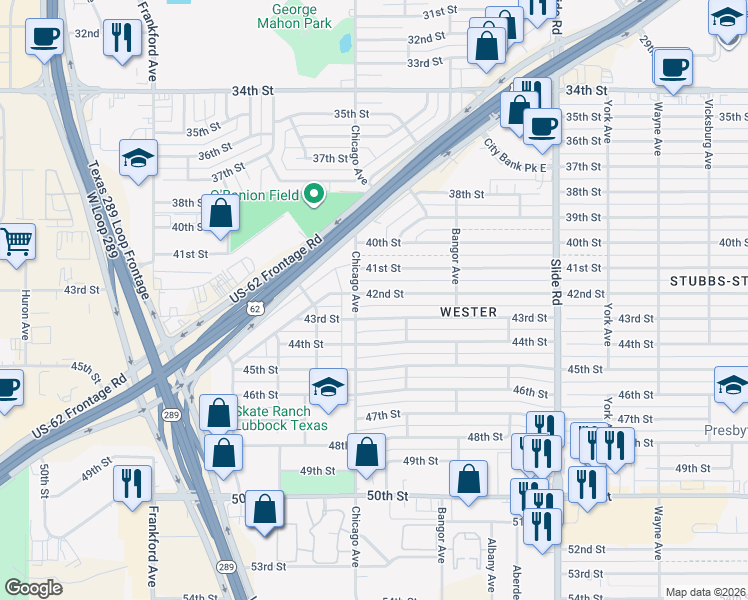 map of restaurants, bars, coffee shops, grocery stores, and more near in Lubbock