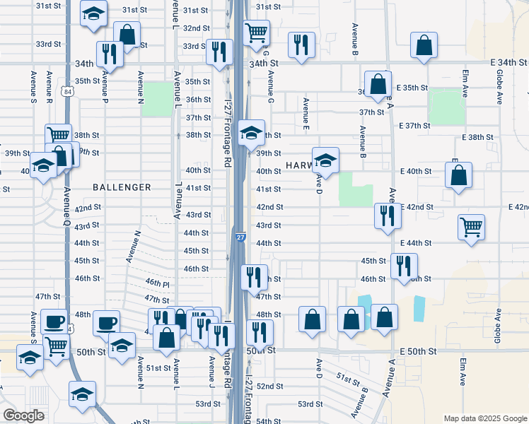 map of restaurants, bars, coffee shops, grocery stores, and more near 537 42nd Street in Lubbock