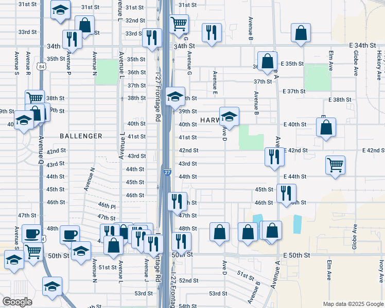 map of restaurants, bars, coffee shops, grocery stores, and more near 528 42nd Street in Lubbock