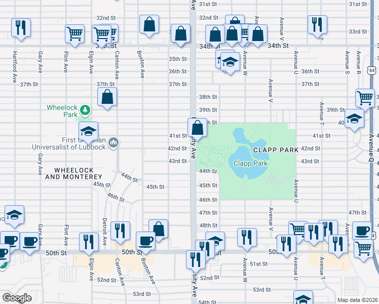 map of restaurants, bars, coffee shops, grocery stores, and more near 2503 41st Street in Lubbock
