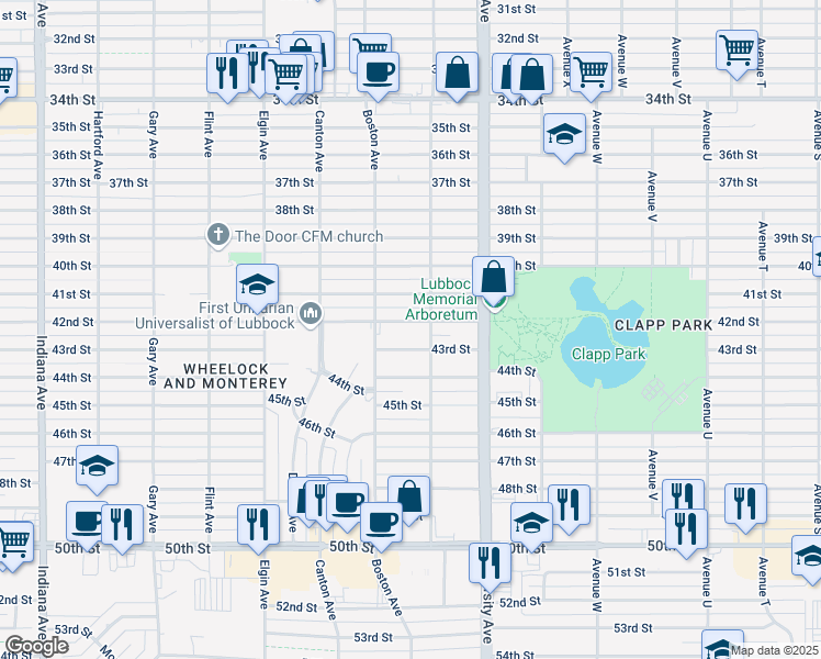 map of restaurants, bars, coffee shops, grocery stores, and more near 2614 42nd Street in Lubbock