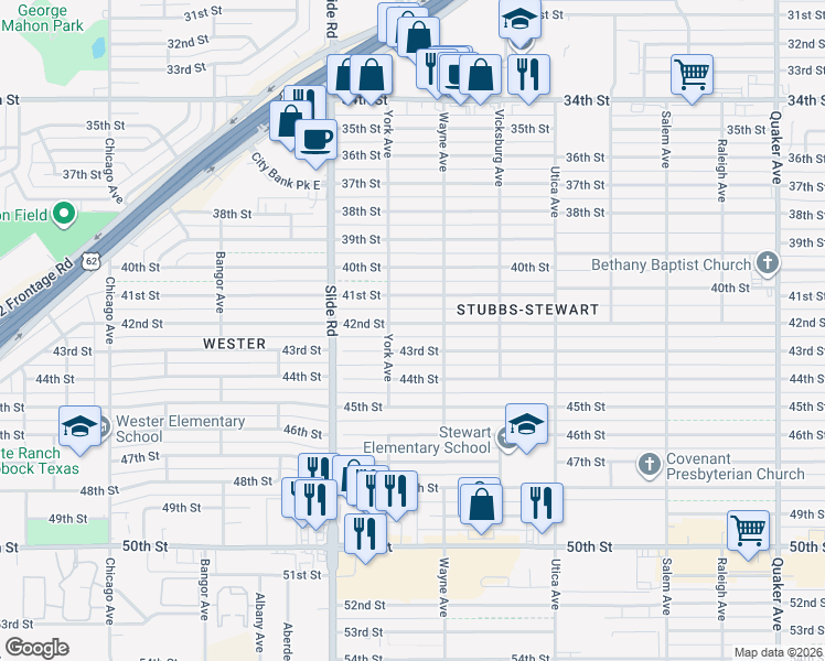 map of restaurants, bars, coffee shops, grocery stores, and more near 5008 42nd Street in Lubbock