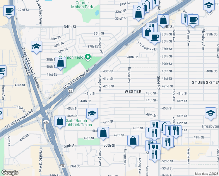 map of restaurants, bars, coffee shops, grocery stores, and more near 5425 41st Street in Lubbock