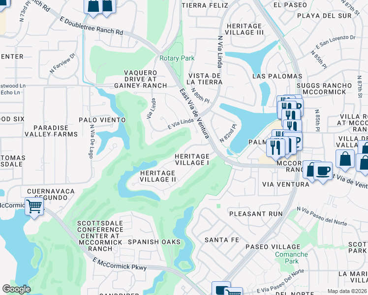 map of restaurants, bars, coffee shops, grocery stores, and more near 7951 East Vía Linda in Scottsdale