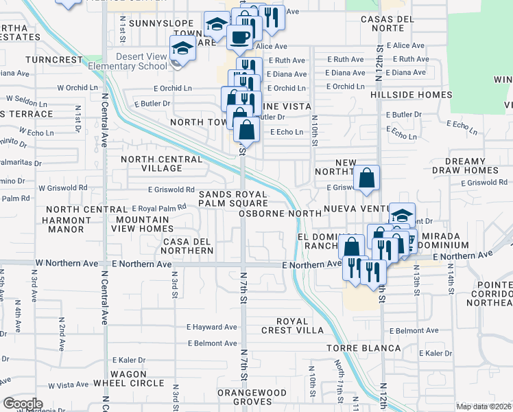 map of restaurants, bars, coffee shops, grocery stores, and more near 6291 North 7th Street in Phoenix