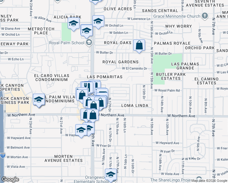 map of restaurants, bars, coffee shops, grocery stores, and more near 1720 West Griswold Road in Phoenix