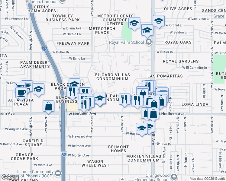 map of restaurants, bars, coffee shops, grocery stores, and more near 8025 North 21st Drive in Phoenix