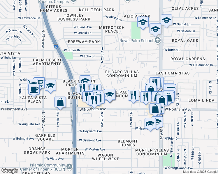 map of restaurants, bars, coffee shops, grocery stores, and more near 8246 North 22nd Drive in Phoenix