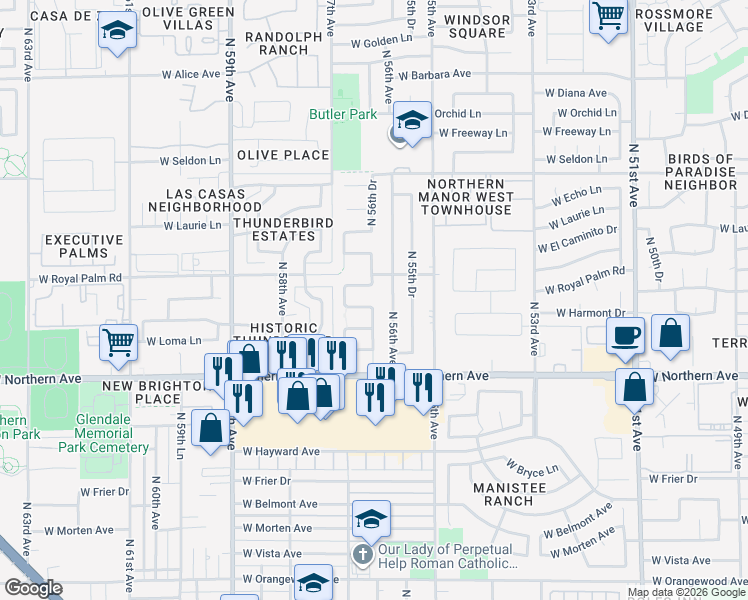 map of restaurants, bars, coffee shops, grocery stores, and more near 5650 West Harmont Drive in Glendale