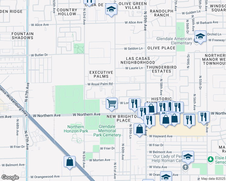 map of restaurants, bars, coffee shops, grocery stores, and more near 6119 West Navajo Drive in Glendale