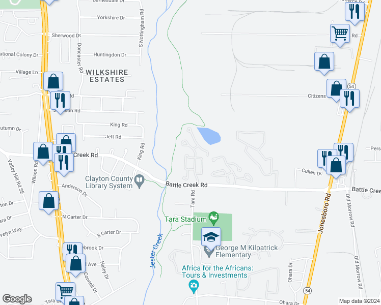 map of restaurants, bars, coffee shops, grocery stores, and more near 1801 Chaselake Drive in Jonesboro