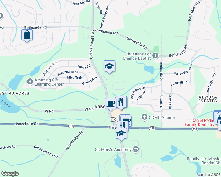 map of restaurants, bars, coffee shops, grocery stores, and more near 115 Catlyn Court in Riverdale