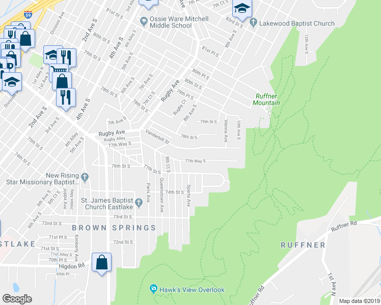 map of restaurants, bars, coffee shops, grocery stores, and more near 843 Vanderbilt Street in Birmingham