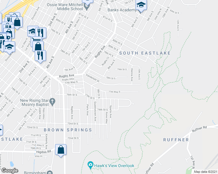map of restaurants, bars, coffee shops, grocery stores, and more near 843 Vanderbilt Street in Birmingham