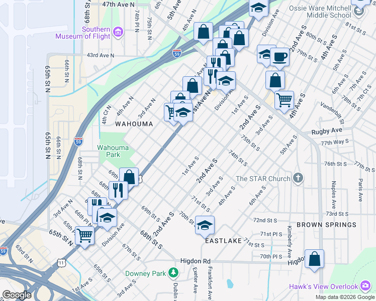 map of restaurants, bars, coffee shops, grocery stores, and more near 7305 Division Avenue in Birmingham