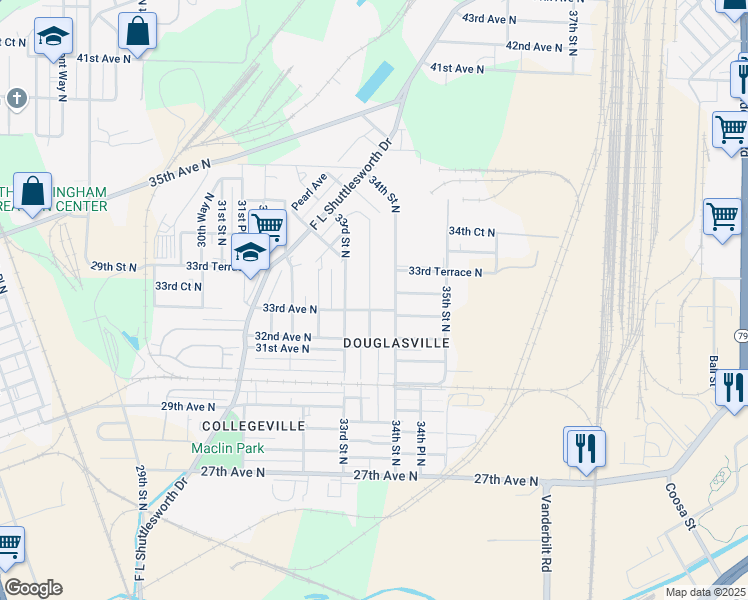 map of restaurants, bars, coffee shops, grocery stores, and more near 3329 33rd Place North in Birmingham