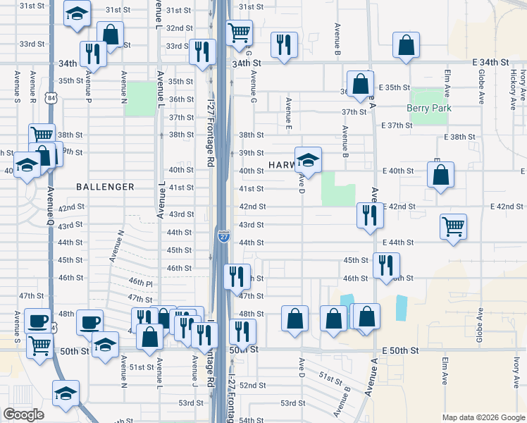 map of restaurants, bars, coffee shops, grocery stores, and more near 525 42nd Street in Lubbock