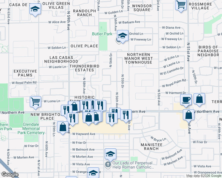 map of restaurants, bars, coffee shops, grocery stores, and more near 5650 West Harmont Drive in Glendale