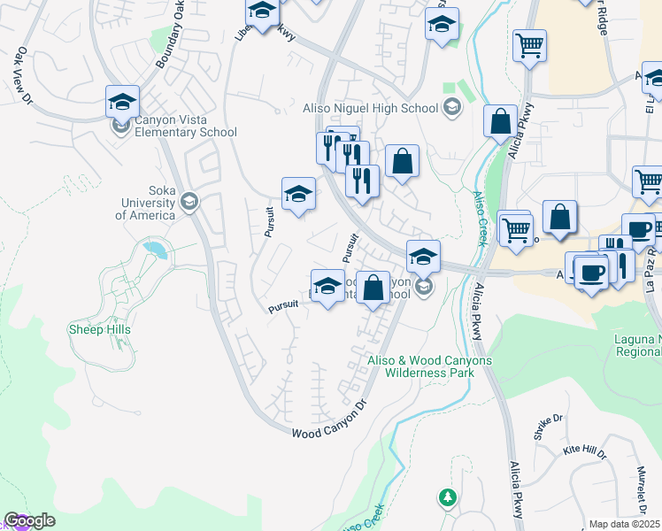 map of restaurants, bars, coffee shops, grocery stores, and more near 18 Lyon Ridge in Aliso Viejo