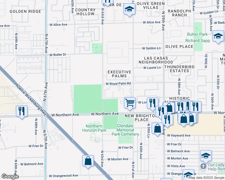 map of restaurants, bars, coffee shops, grocery stores, and more near 8150 North 61st Avenue in Glendale